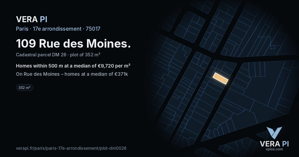 109 Rue des Moines, 17e arrondissement at night – the plot lit, the parcels around coloured by the prices near them