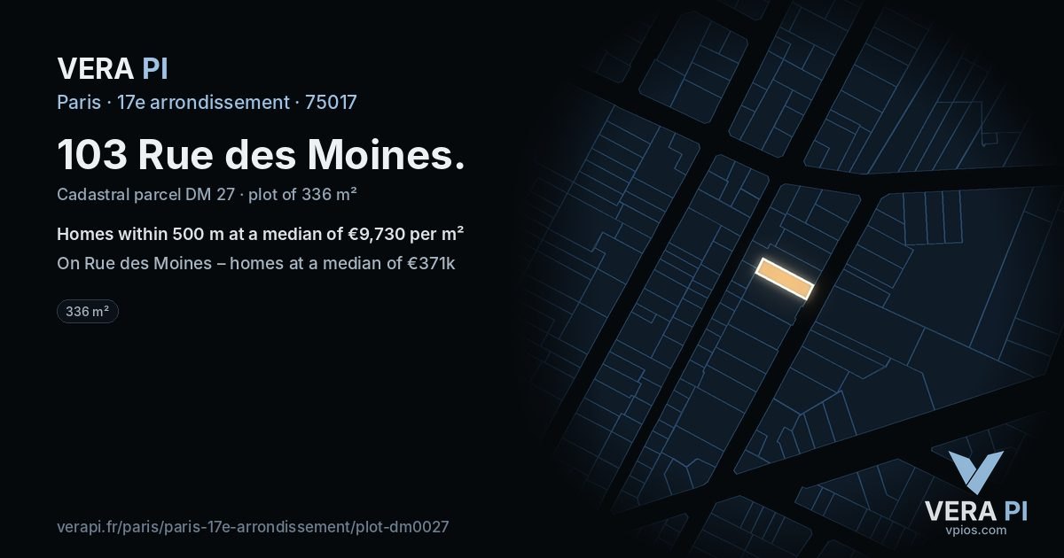 103 Rue des Moines, 17e arrondissement at night – the plot lit, the parcels around coloured by the prices near them