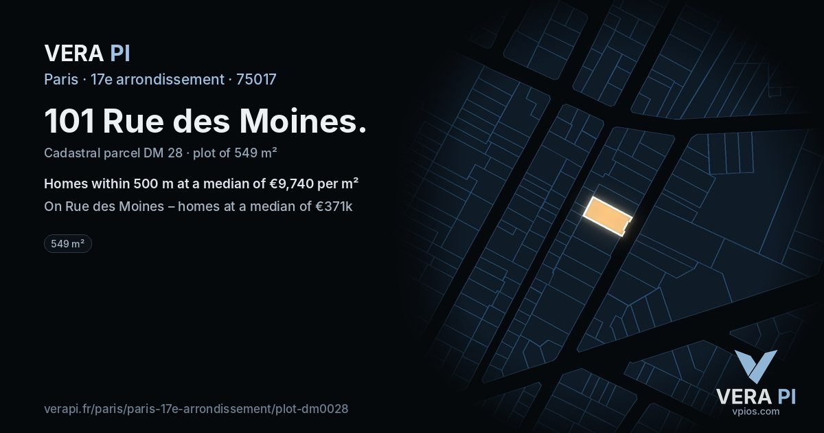 101 Rue des Moines, 17e arrondissement at night – the plot lit, the parcels around coloured by the prices near them