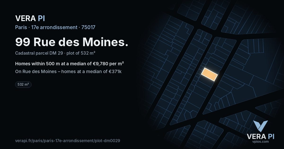 99 Rue des Moines, 17e arrondissement at night – the plot lit, the parcels around coloured by the prices near them