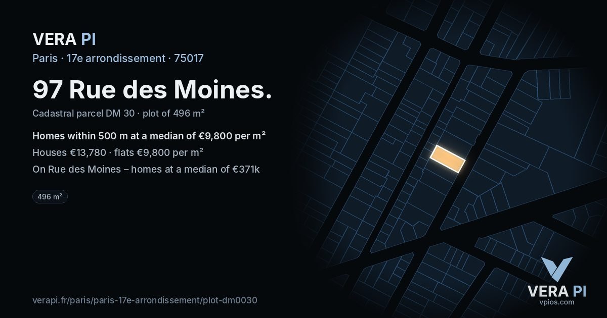 97 Rue des Moines, 17e arrondissement at night – the plot lit, the parcels around coloured by the prices near them