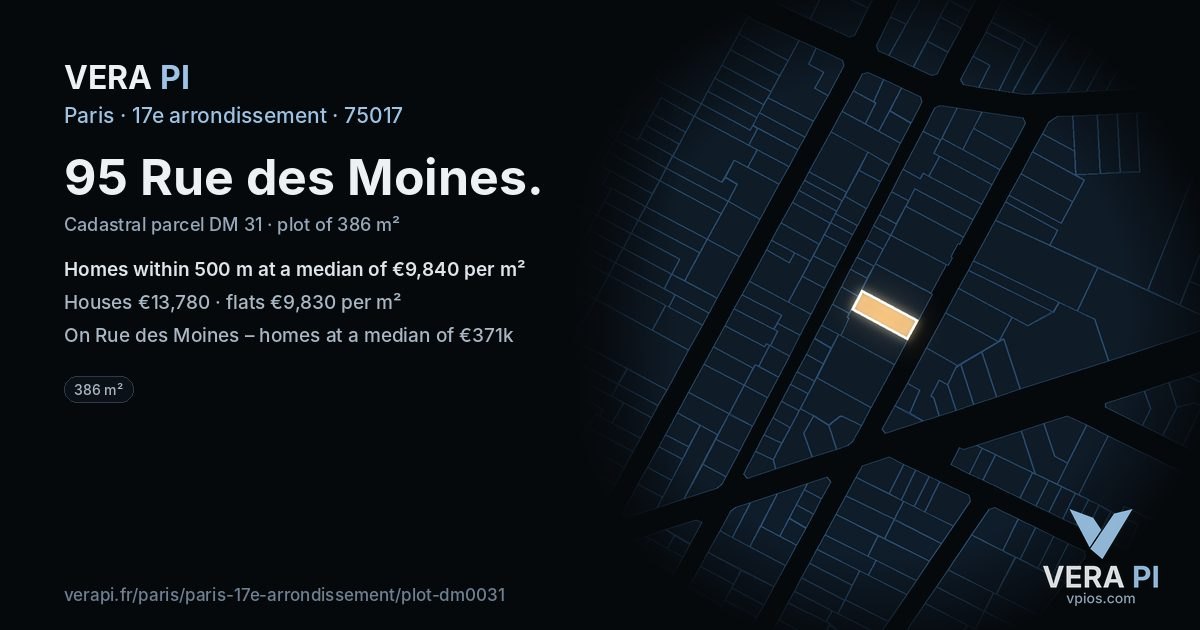 95 Rue des Moines, 17e arrondissement at night – the plot lit, the parcels around coloured by the prices near them