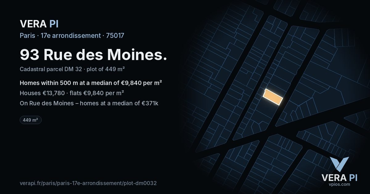 93 Rue des Moines, 17e arrondissement at night – the plot lit, the parcels around coloured by the prices near them