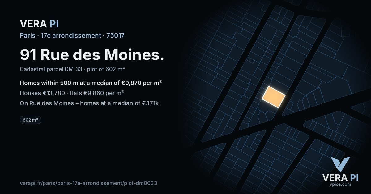 91 Rue des Moines, 17e arrondissement at night – the plot lit, the parcels around coloured by the prices near them