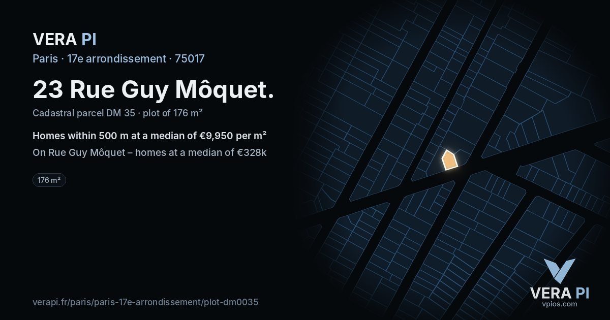 23 Rue Guy Môquet, 17e arrondissement at night – the plot lit, the parcels around coloured by the prices near them