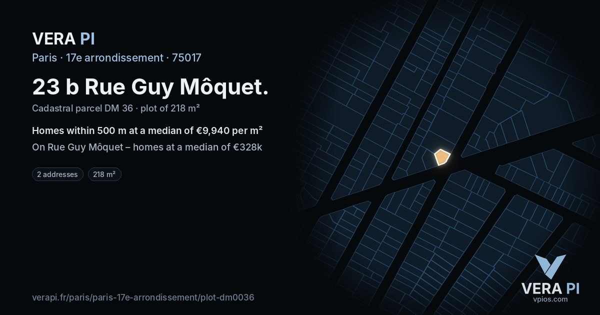 23 b Rue Guy Môquet, 17e arrondissement at night – the plot lit, the parcels around coloured by the prices near them