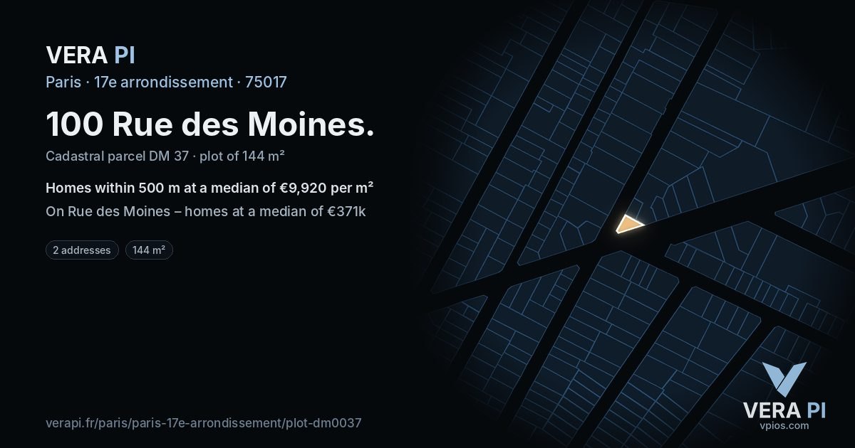 100 Rue des Moines, 17e arrondissement at night – the plot lit, the parcels around coloured by the prices near them