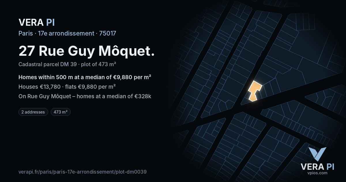 27 Rue Guy Môquet, 17e arrondissement at night – the plot lit, the parcels around coloured by the prices near them