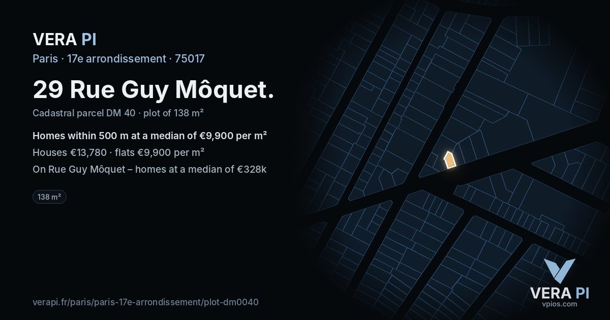 29 Rue Guy Môquet, 17e arrondissement at night – the plot lit, the parcels around coloured by the prices near them