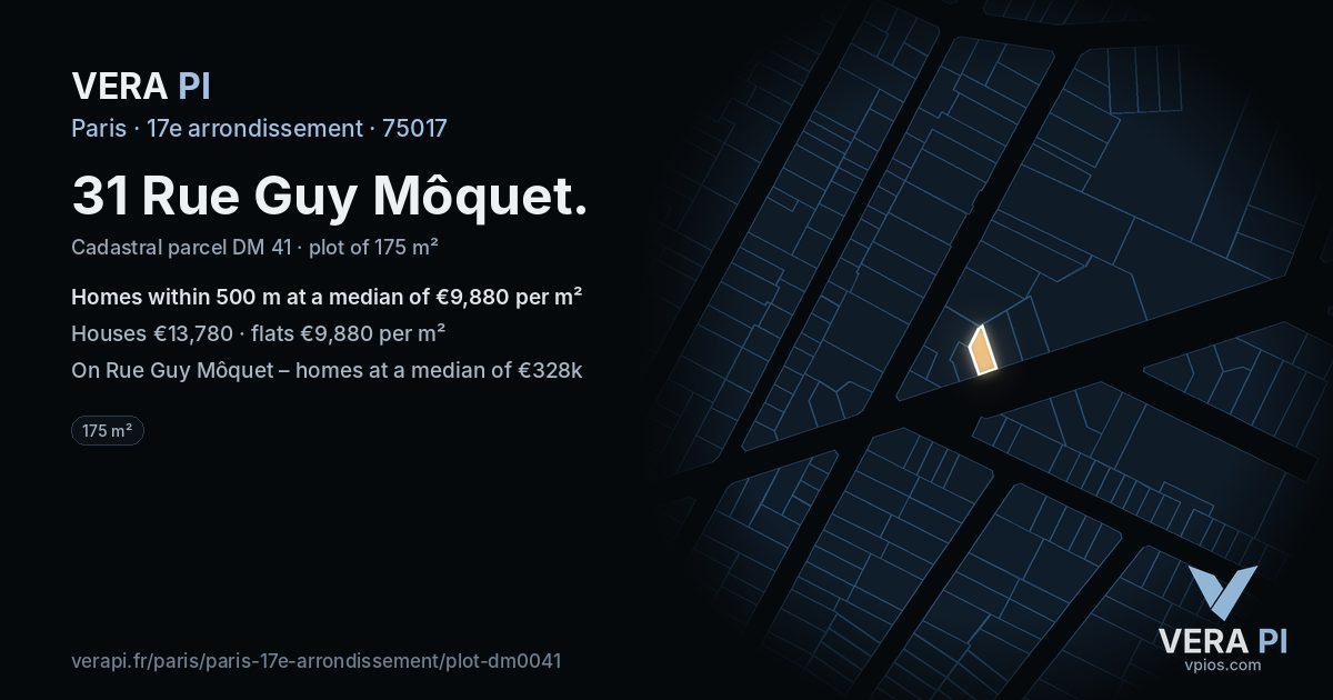 31 Rue Guy Môquet, 17e arrondissement at night – the plot lit, the parcels around coloured by the prices near them