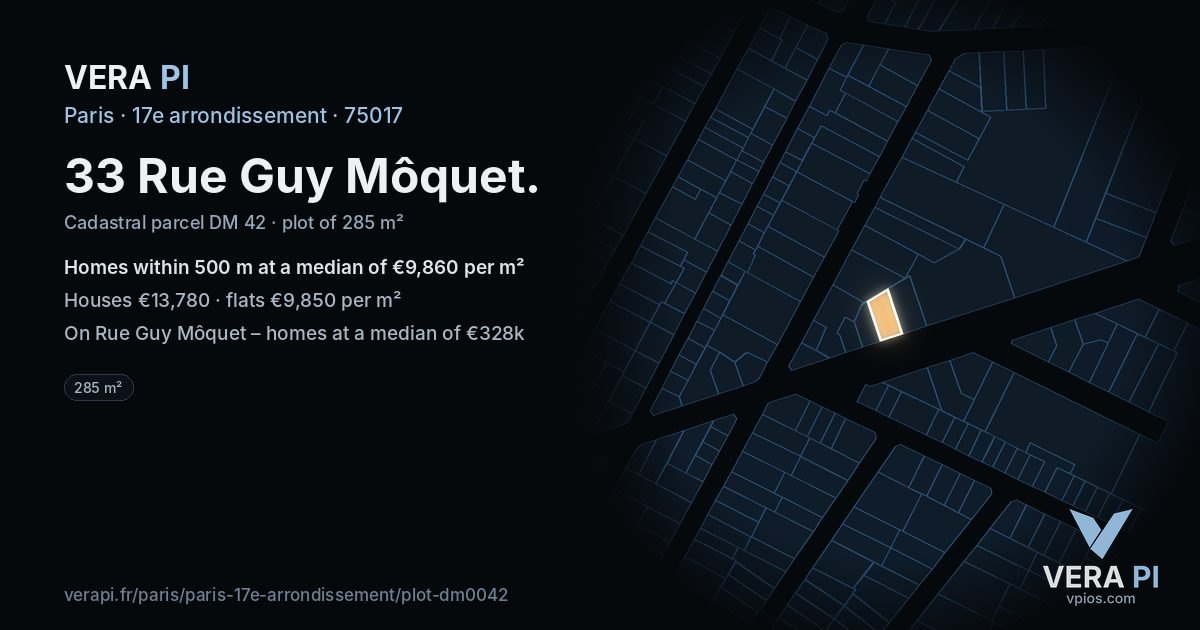 33 Rue Guy Môquet, 17e arrondissement at night – the plot lit, the parcels around coloured by the prices near them