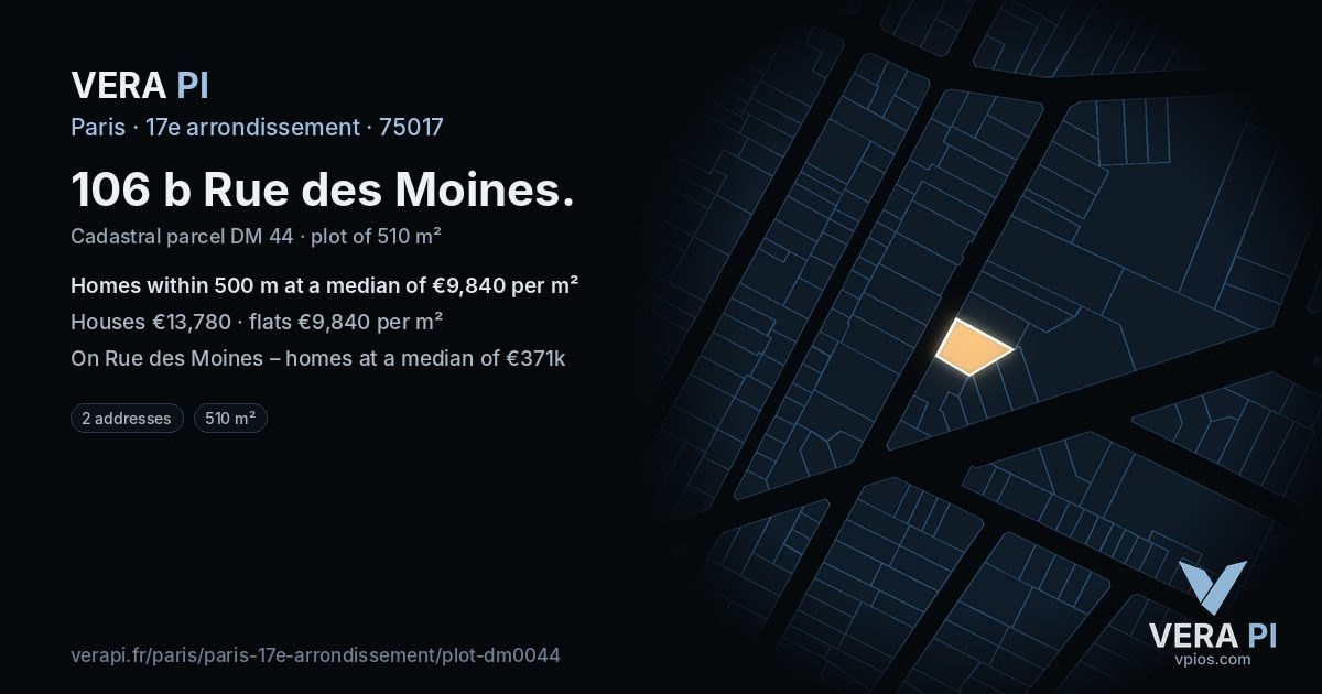 106 b Rue des Moines, 17e arrondissement at night – the plot lit, the parcels around coloured by the prices near them