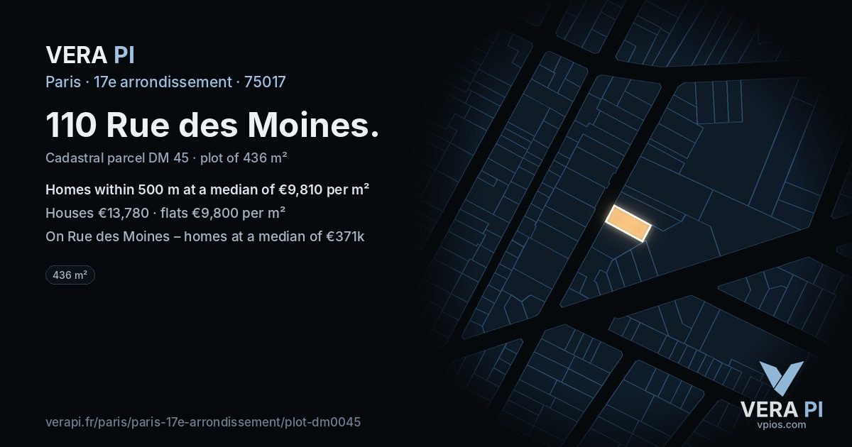110 Rue des Moines, 17e arrondissement at night – the plot lit, the parcels around coloured by the prices near them