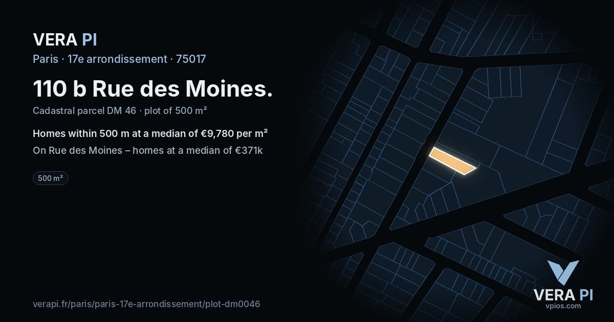 110 b Rue des Moines, 17e arrondissement at night – the plot lit, the parcels around coloured by the prices near them