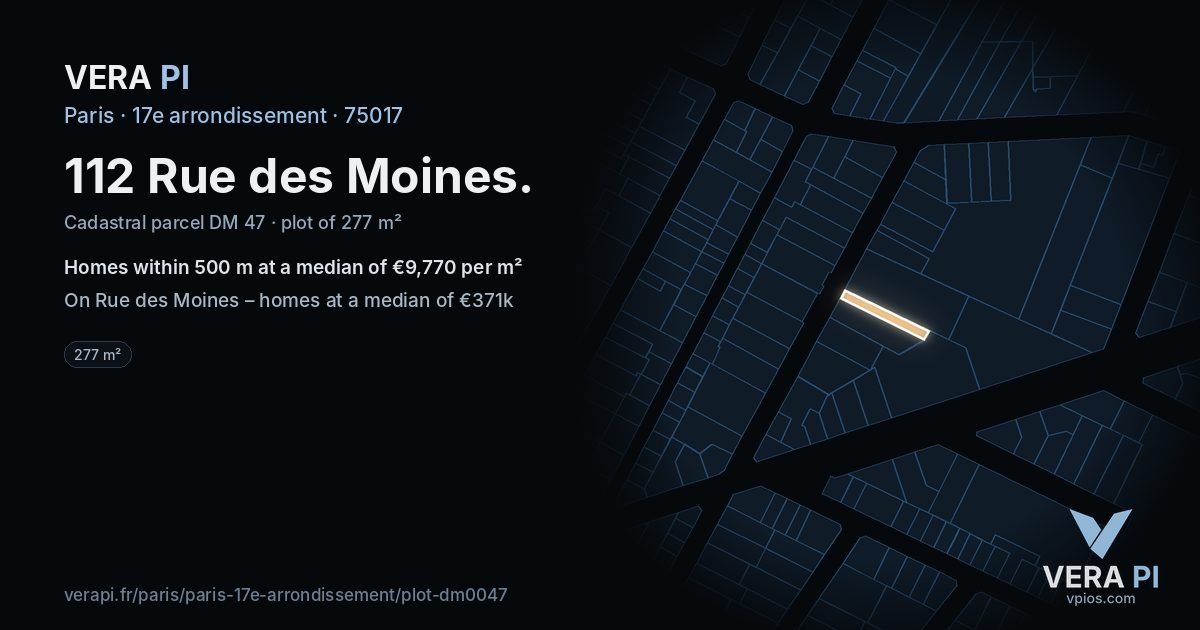 112 Rue des Moines, 17e arrondissement at night – the plot lit, the parcels around coloured by the prices near them