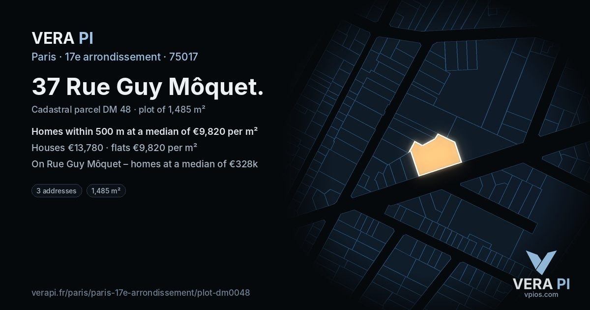 37 Rue Guy Môquet, 17e arrondissement at night – the plot lit, the parcels around coloured by the prices near them
