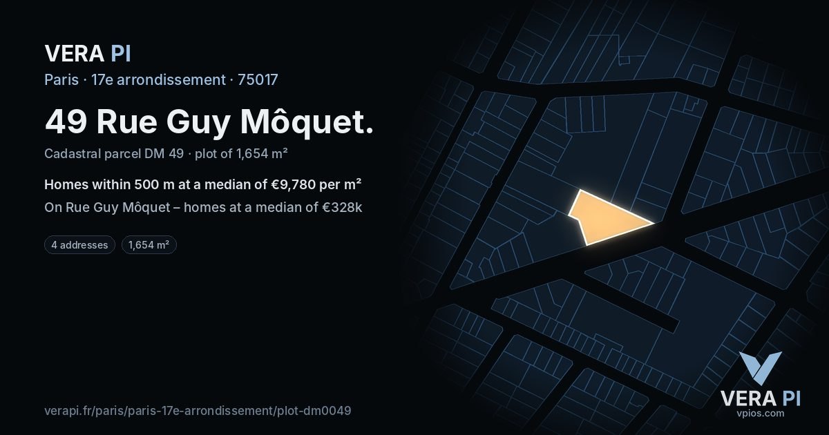 49 Rue Guy Môquet, 17e arrondissement at night – the plot lit, the parcels around coloured by the prices near them