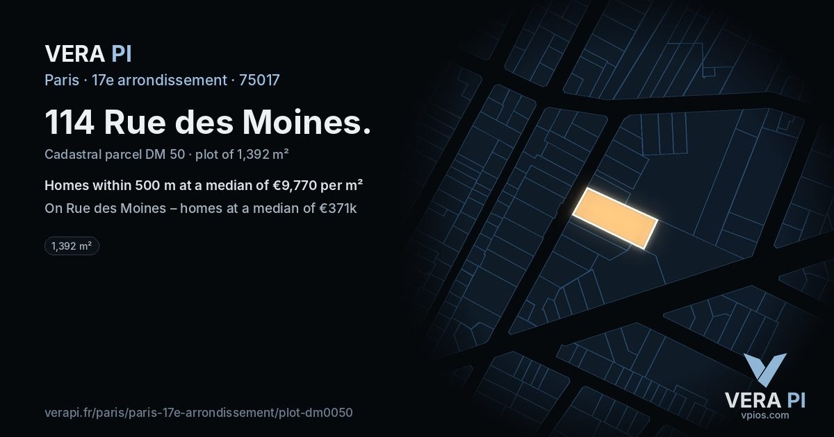 114 Rue des Moines, 17e arrondissement at night – the plot lit, the parcels around coloured by the prices near them