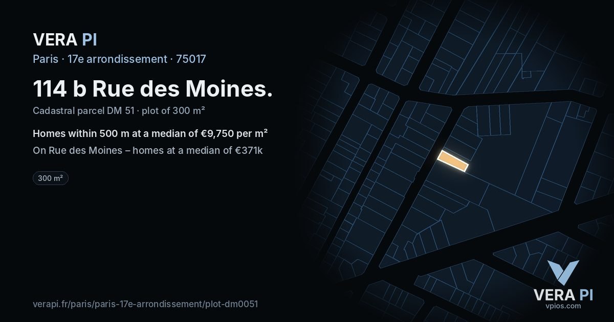 114 b Rue des Moines, 17e arrondissement at night – the plot lit, the parcels around coloured by the prices near them