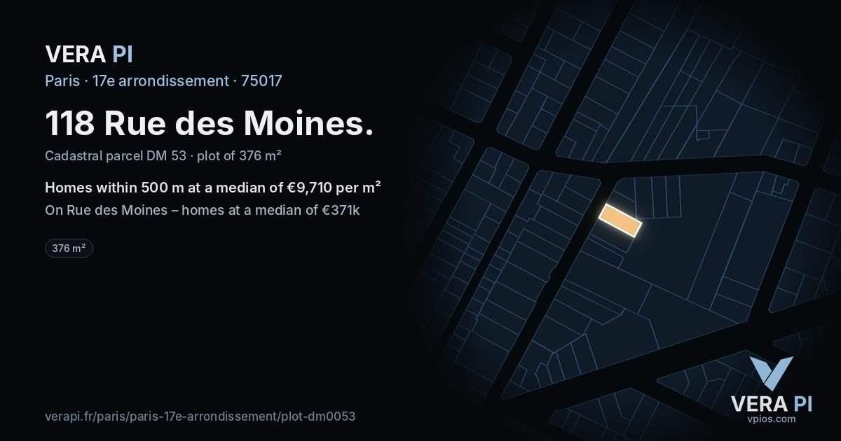 118 Rue des Moines, 17e arrondissement at night – the plot lit, the parcels around coloured by the prices near them