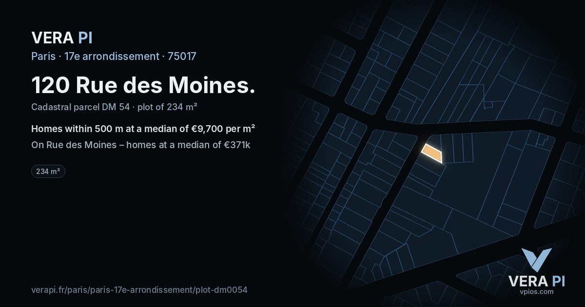 120 Rue des Moines, 17e arrondissement at night – the plot lit, the parcels around coloured by the prices near them
