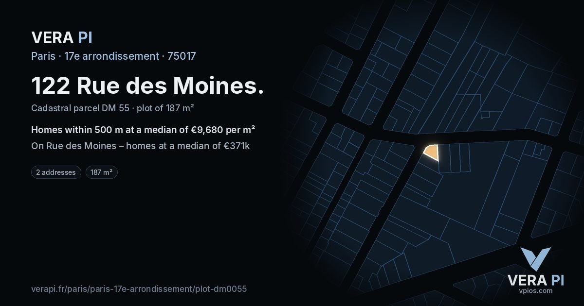 122 Rue des Moines, 17e arrondissement at night – the plot lit, the parcels around coloured by the prices near them