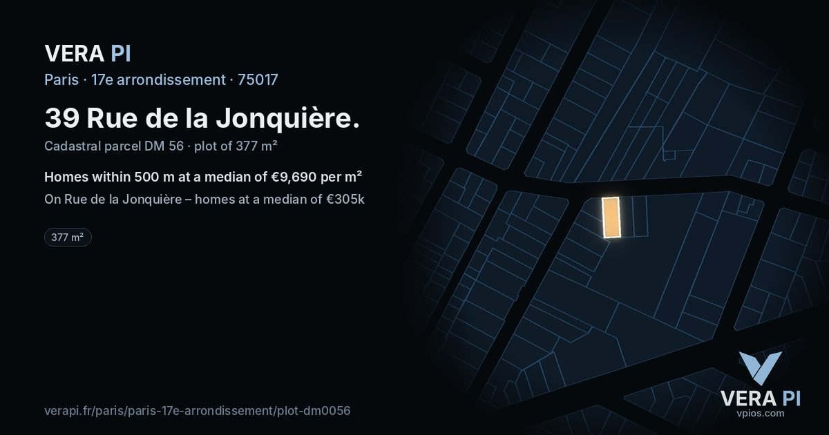 39 Rue de la Jonquière, 17e arrondissement at night – the plot lit, the parcels around coloured by the prices near them