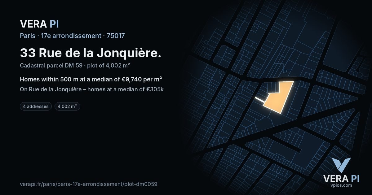 33 Rue de la Jonquière, 17e arrondissement at night – the plot lit, the parcels around coloured by the prices near them