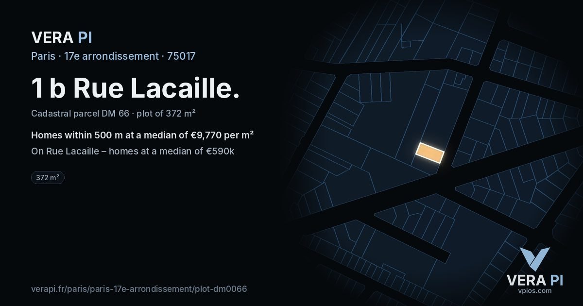 1 b Rue Lacaille, 17e arrondissement at night – the plot lit, the parcels around coloured by the prices near them