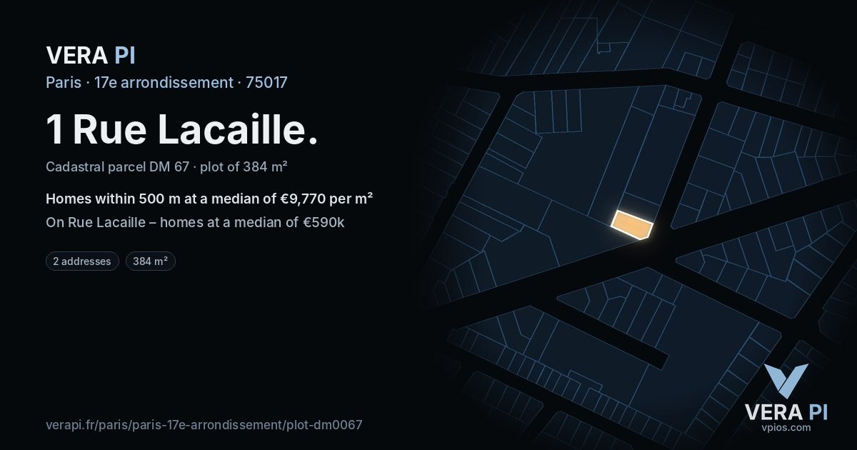 1 Rue Lacaille, 17e arrondissement at night – the plot lit, the parcels around coloured by the prices near them