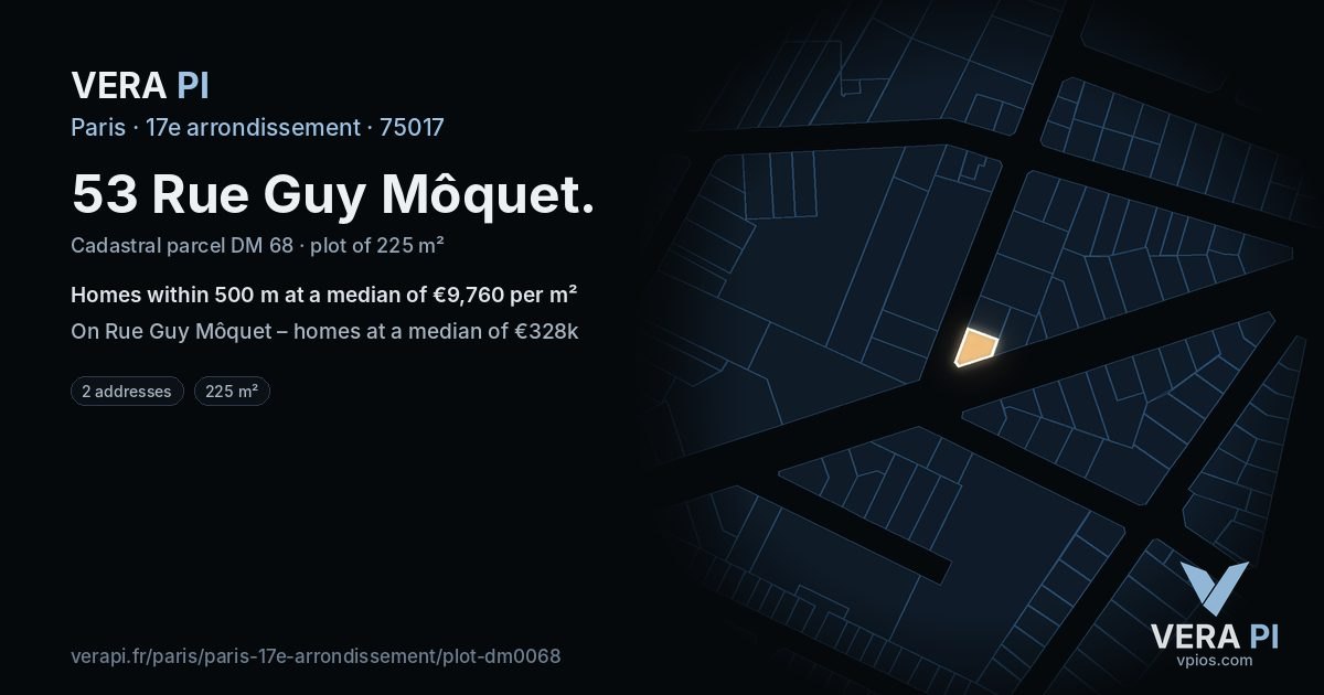 53 Rue Guy Môquet, 17e arrondissement at night – the plot lit, the parcels around coloured by the prices near them