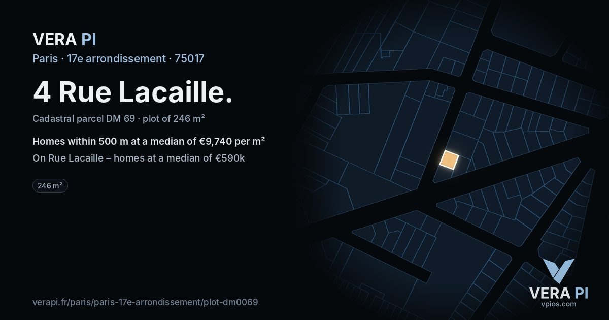 4 Rue Lacaille, 17e arrondissement at night – the plot lit, the parcels around coloured by the prices near them