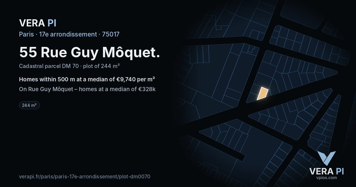 55 Rue Guy Môquet, 17e arrondissement at night – the plot lit, the parcels around coloured by the prices near them