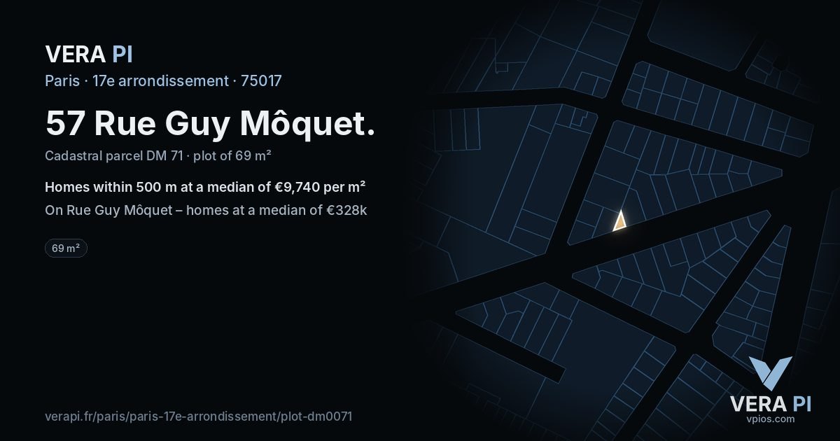 57 Rue Guy Môquet, 17e arrondissement at night – the plot lit, the parcels around coloured by the prices near them