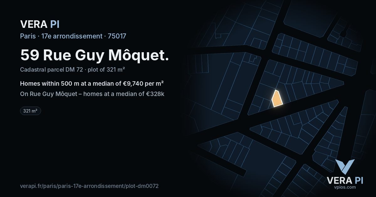 59 Rue Guy Môquet, 17e arrondissement at night – the plot lit, the parcels around coloured by the prices near them