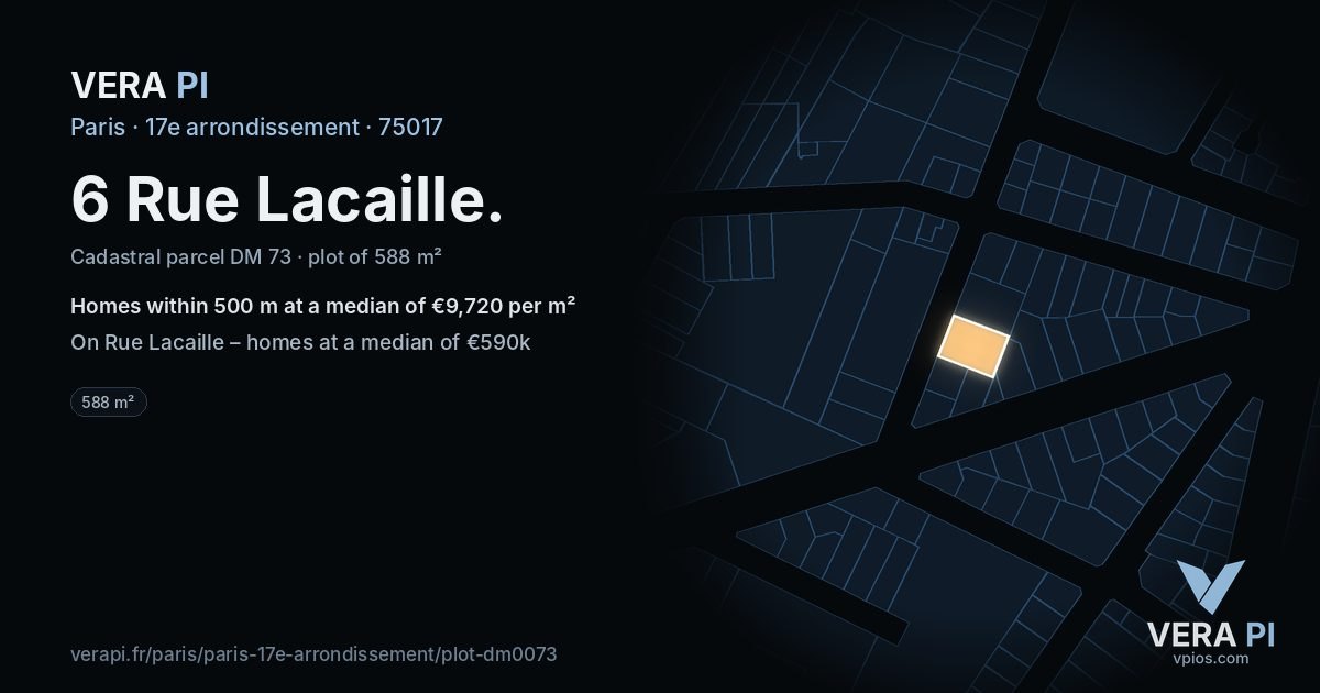 6 Rue Lacaille, 17e arrondissement at night – the plot lit, the parcels around coloured by the prices near them