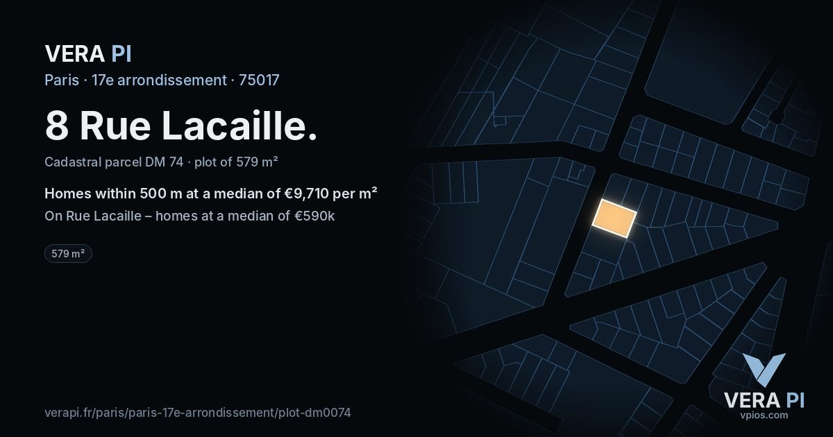 8 Rue Lacaille, 17e arrondissement at night – the plot lit, the parcels around coloured by the prices near them