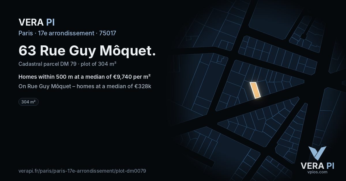 63 Rue Guy Môquet, 17e arrondissement at night – the plot lit, the parcels around coloured by the prices near them