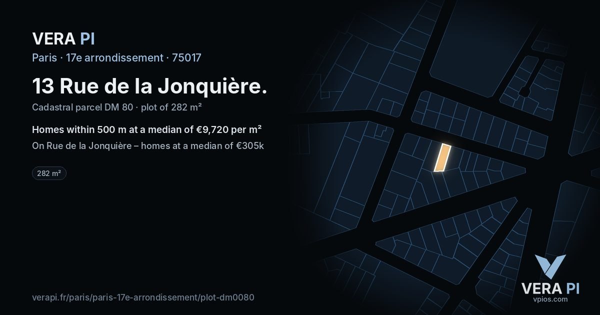 13 Rue de la Jonquière, 17e arrondissement at night – the plot lit, the parcels around coloured by the prices near them