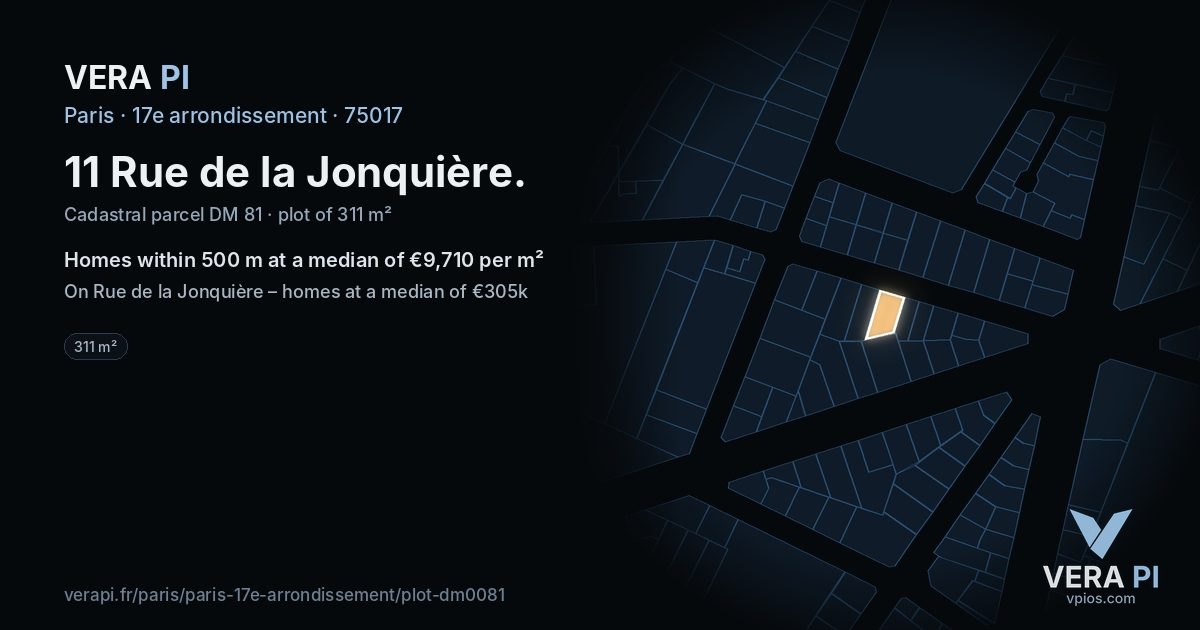 11 Rue de la Jonquière, 17e arrondissement at night – the plot lit, the parcels around coloured by the prices near them