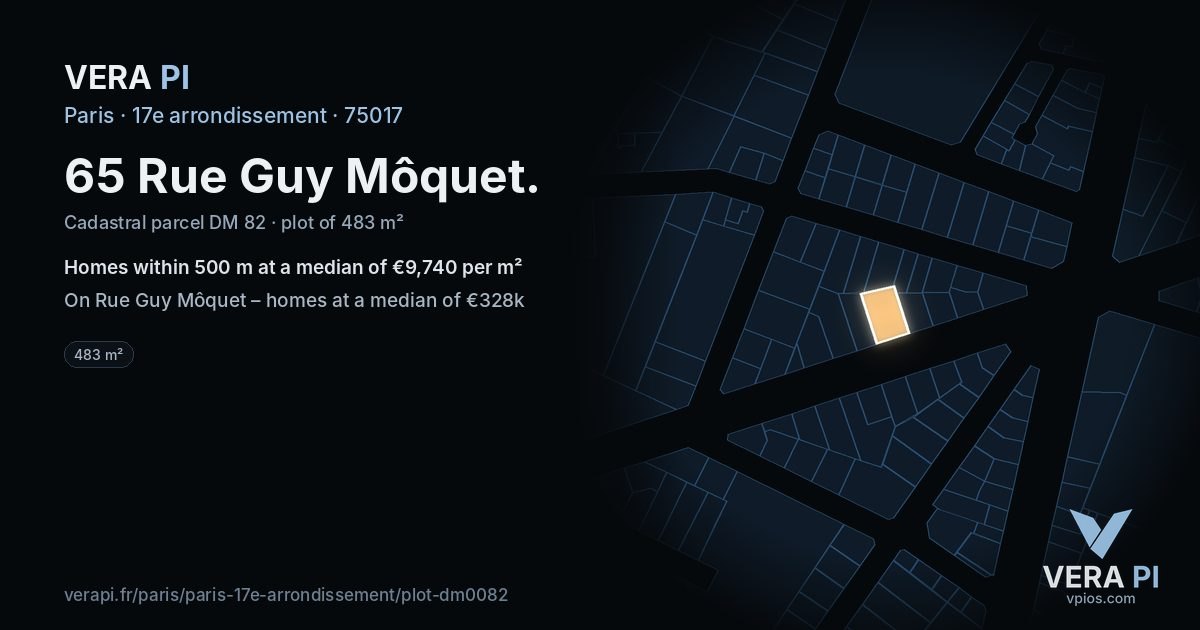 65 Rue Guy Môquet, 17e arrondissement at night – the plot lit, the parcels around coloured by the prices near them