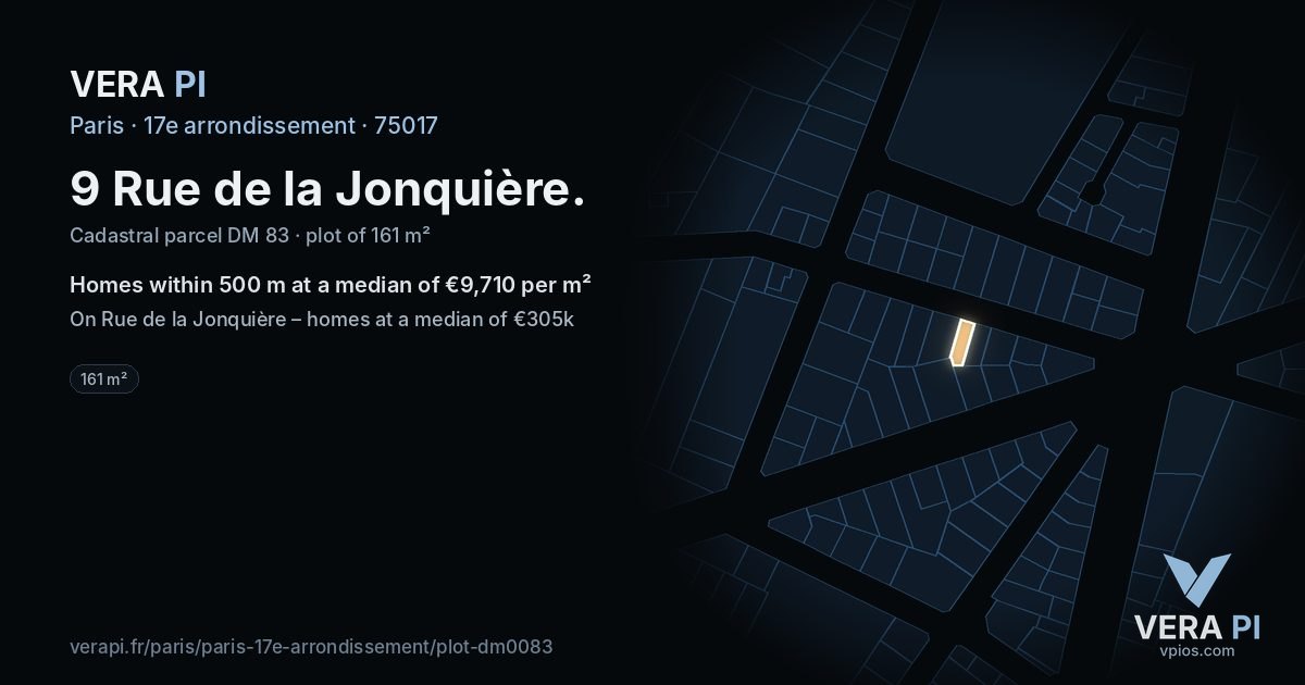 9 Rue de la Jonquière, 17e arrondissement at night – the plot lit, the parcels around coloured by the prices near them
