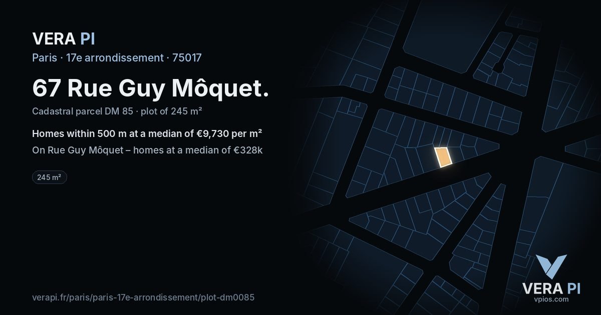 67 Rue Guy Môquet, 17e arrondissement at night – the plot lit, the parcels around coloured by the prices near them