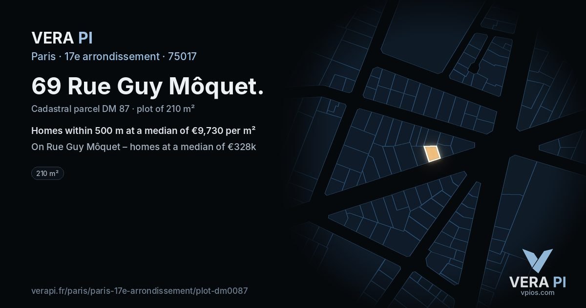 69 Rue Guy Môquet, 17e arrondissement at night – the plot lit, the parcels around coloured by the prices near them