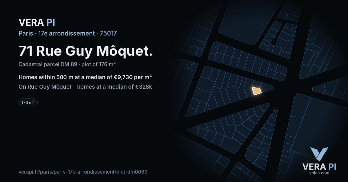 71 Rue Guy Môquet, 17e arrondissement at night – the plot lit, the parcels around coloured by the prices near them