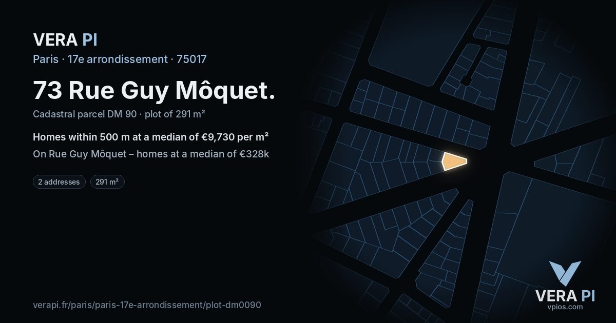 73 Rue Guy Môquet, 17e arrondissement at night – the plot lit, the parcels around coloured by the prices near them