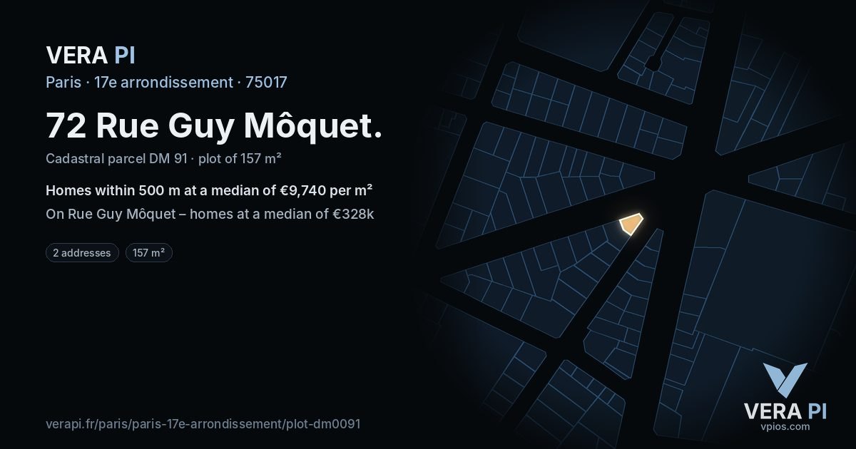 72 Rue Guy Môquet, 17e arrondissement at night – the plot lit, the parcels around coloured by the prices near them