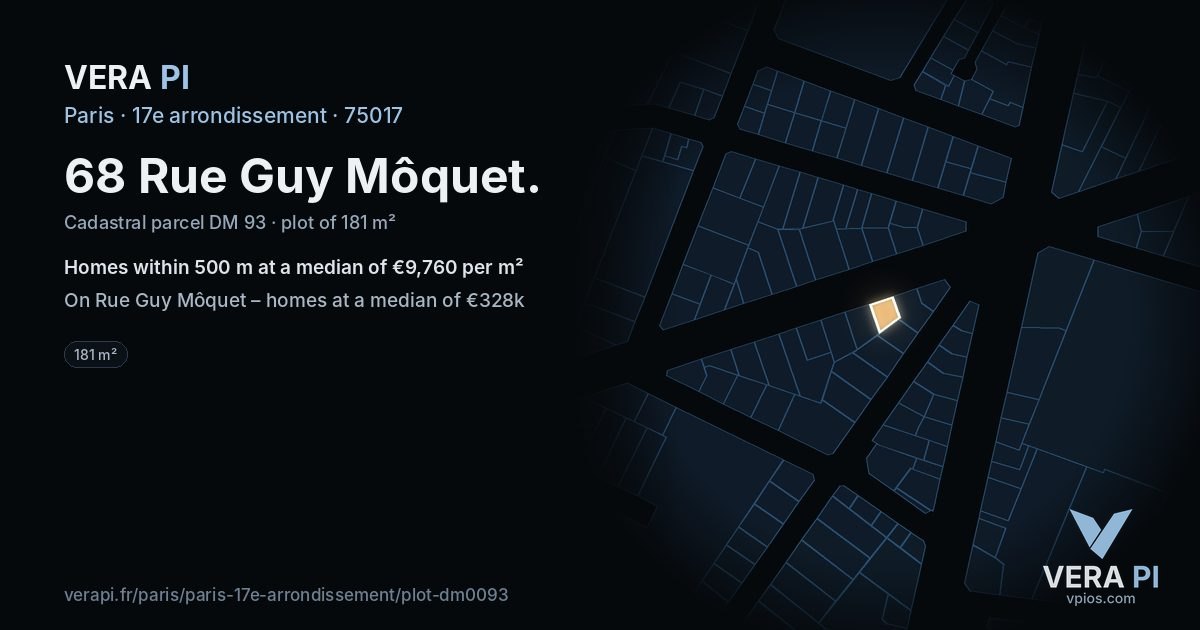 68 Rue Guy Môquet, 17e arrondissement at night – the plot lit, the parcels around coloured by the prices near them