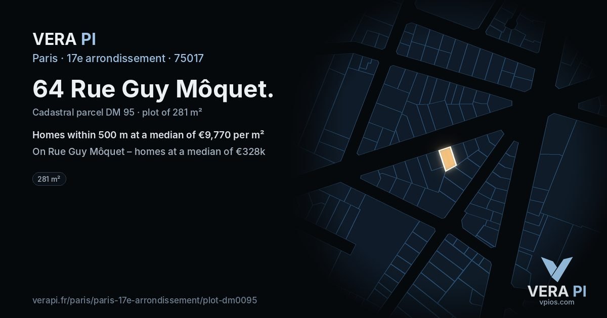 64 Rue Guy Môquet, 17e arrondissement at night – the plot lit, the parcels around coloured by the prices near them