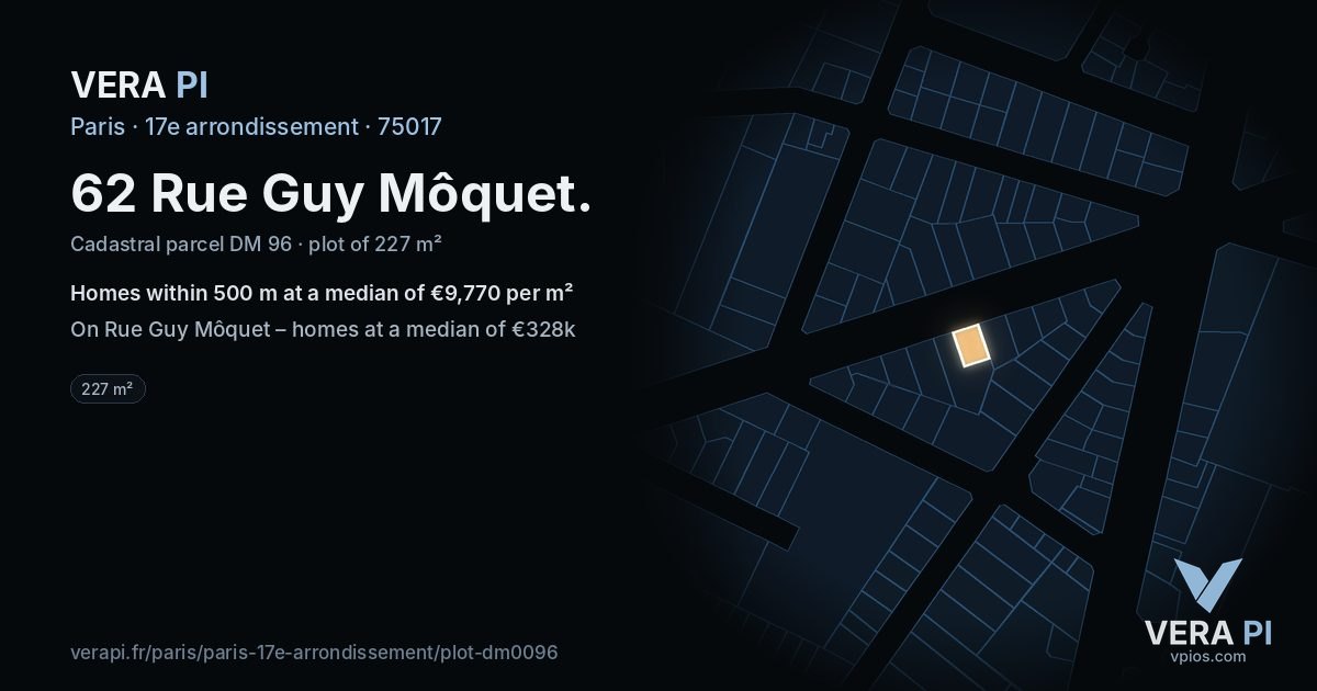 62 Rue Guy Môquet, 17e arrondissement at night – the plot lit, the parcels around coloured by the prices near them
